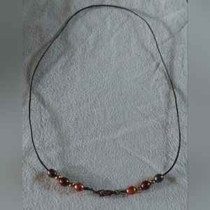 New Handmade Peacock, Wine & Peach Pearl & Brown Metallic Leather Necklace